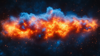 Fototapeta premium Cosmic Inferno: A celestial conflagration ignites the cosmos, a swirling dance of fire and smoke against a backdrop of twinkling stars. This abstract image evokes both awe and anxiety.