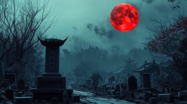 Creepy Chinese Jiangshi Rising Under Blood-Red Full Moon in Rural Graveyard