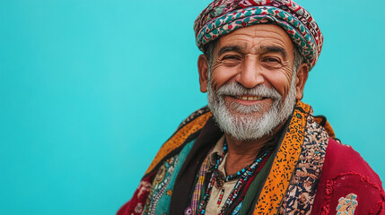 Obraz premium An old man dressed in traditional ethnic attire, smiling against a bright turquoise background, with plenty of copy space on the left.