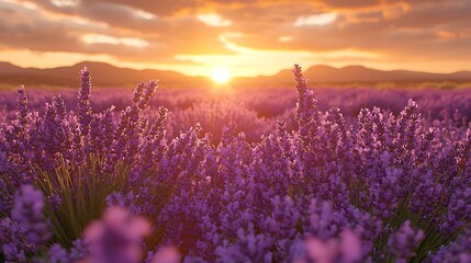Obraz premium Vibrant sunset over a sprawling lavender field, showcasing the purple flowers and mountainous landscape.