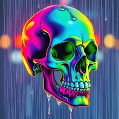 Close-up detailed pencil sketch of a human skull, vibrant electric colors