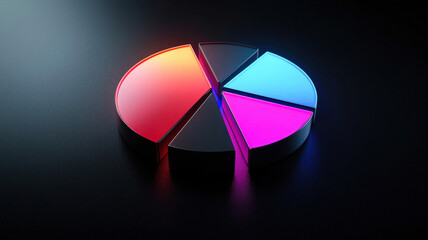 Fototapeta premium A futuristic market share pie chart with glowing, segmented slices in vibrant gradients, hovering over a sleek black surface with soft ambient lighting and a high-tech, digital aesthetic. 