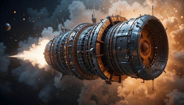 A futuristic multi-stage cylindrical spacecraft propels through a nebula with fiery exhaust against a star-studded backdrop