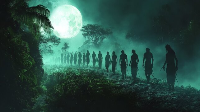Fototapeta Eerie Encounter: Spine-Chilling Hawaiian Night Marchers in Tropical Forest Trail under the Spectral Glow of the Full Moon