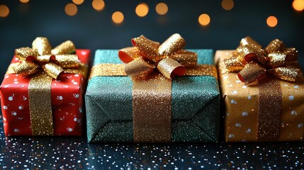 Three Beautifully Wrapped Christmas Presents with Gold Ribbons