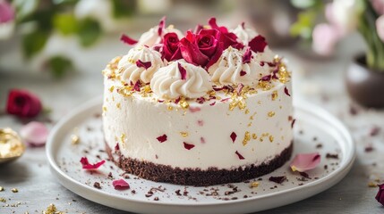 A delicate chocolate chiffon cake with rose-flavored whipped cream and edible gold flakes