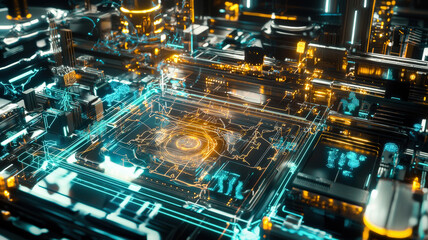 A futuristic network diagram with glowing connections and vibrant nodes, arranged over a polished holographic platform, illustrating dynamic data flow in a high-tech, digital environment.