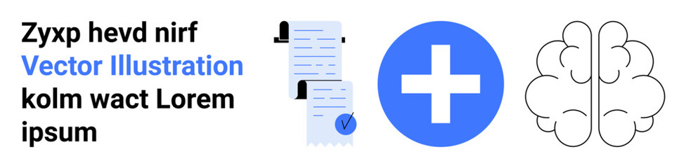 Obraz premium Medical documents, healthcare cross, and brain icon in blue and black. Ideal for medical websites, healthcare apps, mental health resources, online education, wellness blogs, professional