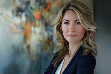 Fototapeta premium A confident woman in a professional setting with an abstract background.