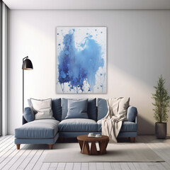 Blue Abstract Art Print Above Modern Blue Sofa in Living Room