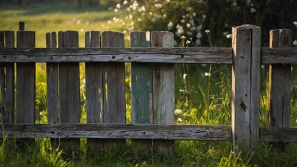Weathered Wooden Fence in a Sunlit Rural Landscape - Natural, Rustic, and Peaceful Scenery