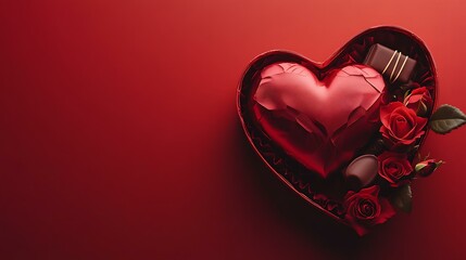 A charming Valentine's Day scene showing a heart-shaped gift box with chocolates and roses on a bold red background with room for promotional messaging