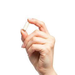 Woman holding vitamin capsule on white background, closeup. Health supplement