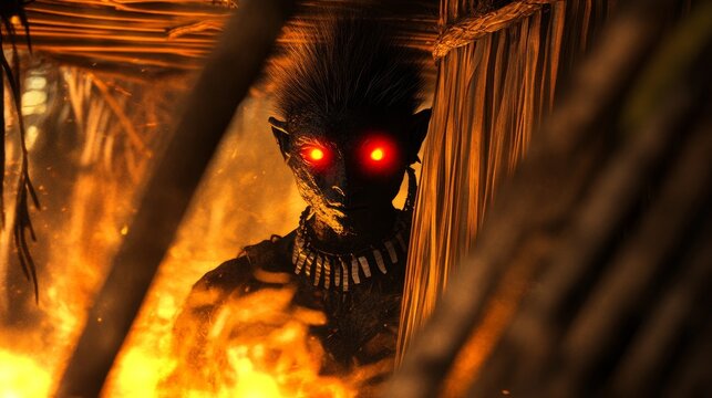 Mysterious African Tokoloshe in Tribal Hut with Glowing Red Eyes by Flickering Firelight