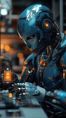 Fototapeta premium A futuristic robot meticulously assembling a device in a high-tech workshop.