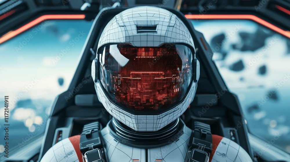 Wall mural a futuristic astronaut in a sleek helmet sits in a spaceship, surrounded by a cosmic backdrop filled