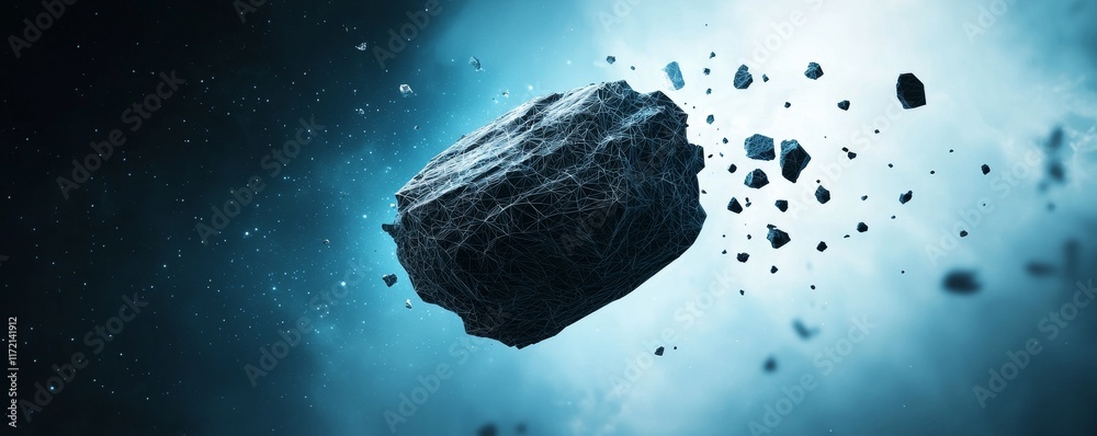Wall mural a dark asteroid floats in space, surrounded by fragments and illuminated by a mysterious blue light,