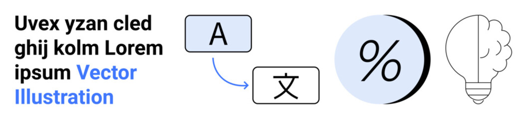 Multilingual characters, connectors, percentage symbol, light bulb. Ideal for education, marketing, business, creativity, analytics innovation content creation Landing page