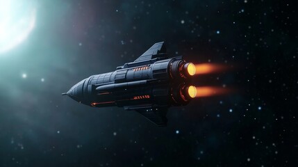 A futuristic spacecraft propels through the dark expanse of space, leaving fiery exhaust trails against a backdrop of stars and distant celestial bodies.