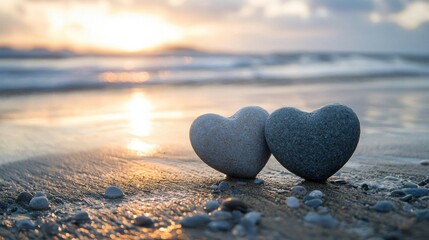 Fototapeta premium Romantic Sunset Scene with Two Heart-Shaped Stones on the Sandy Beach, Capturing Love and Nature's Beauty in a Serene Coastal Environment