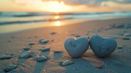 Fototapeta premium Two Smooth Stone Hearts Resting Together on a Serene Beach at Sunset with Soft Waves in the Background Captivating Nature's Beauty and Symbolizing Love