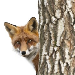 Fototapeta premium A clever fox peeking from behind a tree, isolated in white, white background