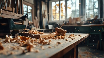A cozy woodworking shop filled with sunlight, showcasing tools and wood shavings on a workbench, reflecting craftsmanship and creativity.