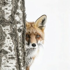 A clever fox peeking from behind a tree, isolated in white, white background