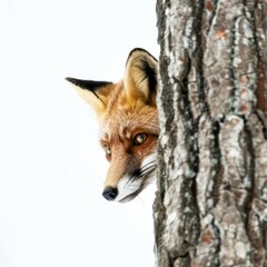 Fototapeta premium A clever fox peeking from behind a tree, isolated in white, white background