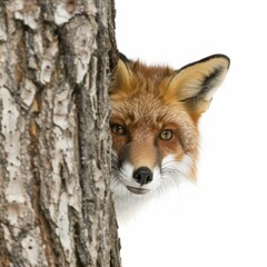 Obraz premium A clever fox peeking from behind a tree, isolated in white, white background
