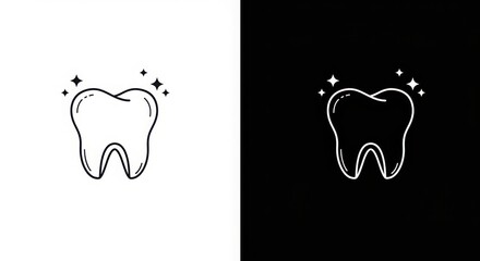 Tooth Icon with Black Outline and Sparkle on White Background
