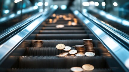 Coins falling on escalator in modern city business finance urban environment close-up perspective