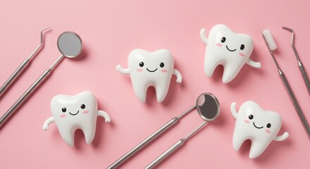 Smiling cartoon teeth, dental instruments, pink background, flat lay, minimalist design, cheerful