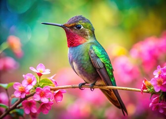 Fototapeta premium High-resolution panoramic painting: a hummingbird in vibrant colours, nestled on a branch against a floral backdrop.
