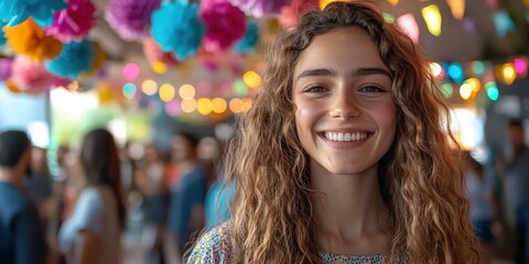 A young woman with curly hair smiles brightly in a festive setting adorned with colorful decorations and lights.