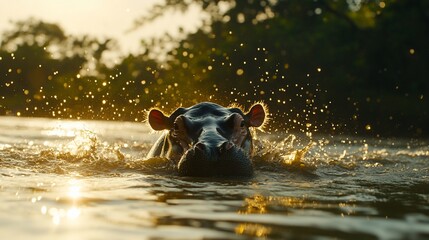 Fototapeta premium Hippopotamus emerging from water at sunset.
