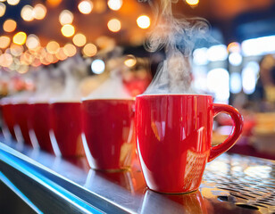 A row of steaming red mugs sits on a counter in a cafe, with a blurred background of warm lights.

