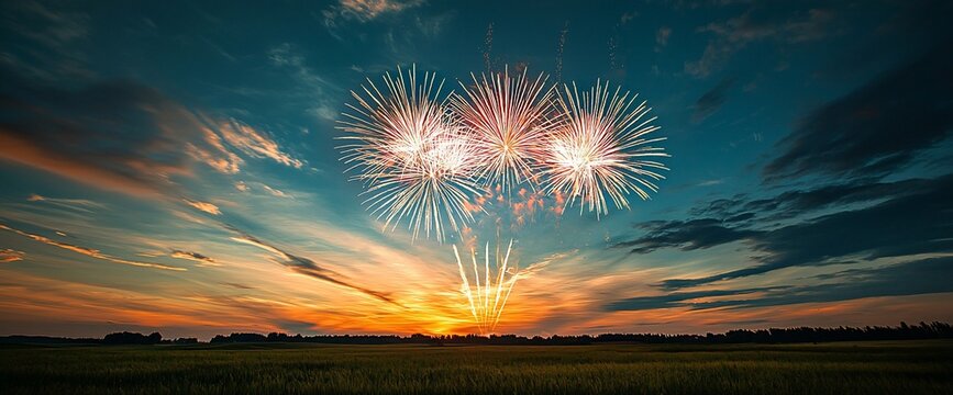 Festive fireworks display over a scenic sunset landscape.