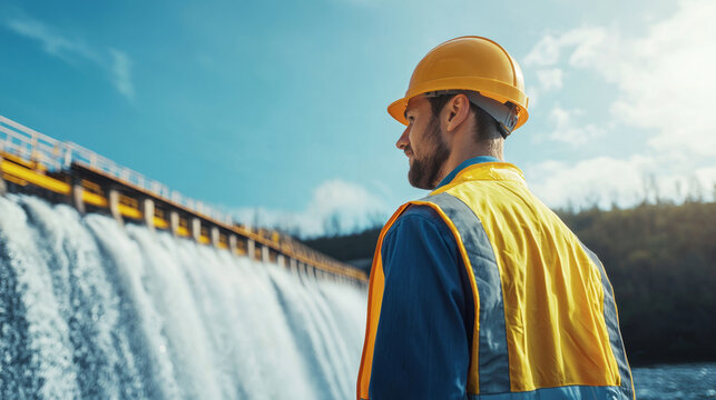 Water System Hydropower Management Concept. Technician observing hydropower equipment near dam, ensuring safety