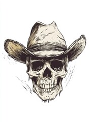 Fototapeta premium A Grim Cowboy, Detailed Skull with Western Hat, evoking a sense of classic yet spooky desert mystery,