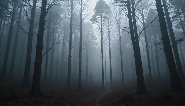 Eerie misty forest with tall bare trees and a faint trail disappearing into the fog nature landscape