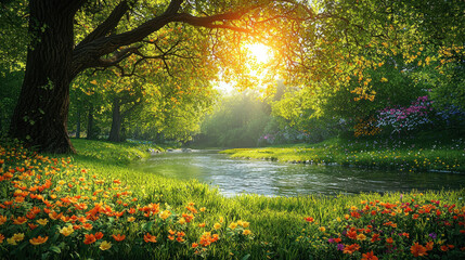 Obraz premium Sunrise over stream in flower-filled park with lush trees