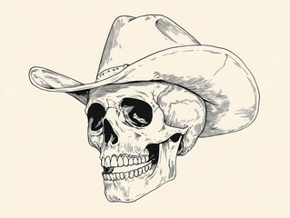 Cowboy Skull, A detailed ink drawing of a human skull wearing a classic western hat, exuding a blend of mortality and wild west aesthetics,