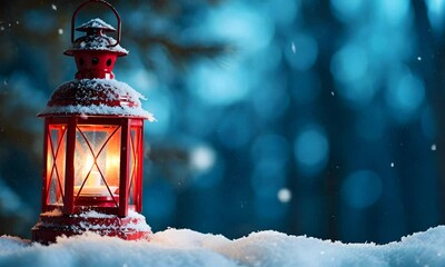 A red lantern sits in a snowy landscape, casting a warm glow against a backdrop of softly falling snowflakes and blurred blue tones, evoking a serene winter atmosphere. - Powered by Adobe