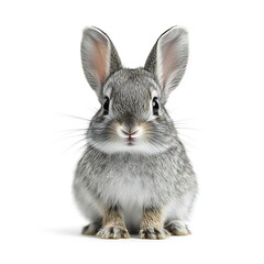 Obraz premium Cute grey bunny rabbit sitting, white background, pet animal, Easter.