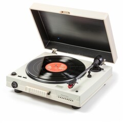 Fototapeta premium A classic vinyl record player with records, isolated in white, white background