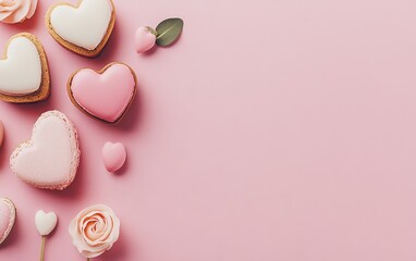 A variety of heart-shaped cookies decorated with icing on a soft pink surface, perfect for celebrating love on Valentine's Day.
