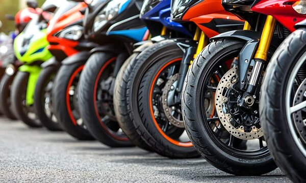 A row of colorful motorcycles parked, showcasing their sleek designs and tires, highlighting the passion for biking and motorcycle culture.