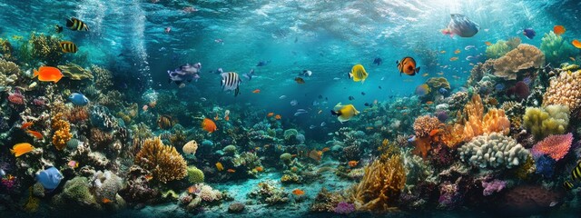 A surreal image of a coral reef teeming with colorful fish and marine life under sparkling turquoise waters, Coral reef scene, Surreal style