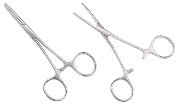 Forceps tool. Kelly forceps scissors. Stainless steel hemostatic forceps surgical forceps with locking clamps. Fishing pliers curved, straight tip. Fishing hook extractor. Medical instrument, supply 